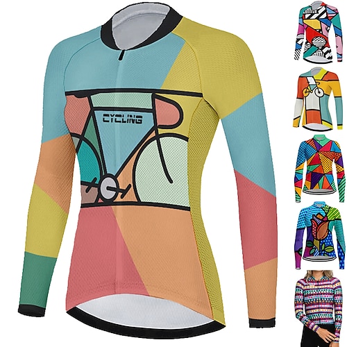 

21Grams Women's Cycling Jersey Long Sleeve Bike Top with 3 Rear Pockets Mountain Bike MTB Road Bike Cycling Breathable Quick Dry Moisture Wicking Reflective Strips Green Yellow Orange Graphic Spandex