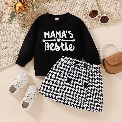 

2 Pieces Toddler Girls' Letter Skirt & Shirt Set Long Sleeve Active Outdoor 3-7 Years Winter Black