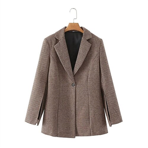 

Women's Blazer Formal Button Houndstooth Breathable Fashion Regular Fit Outerwear Long Sleeve Winter Coffee S