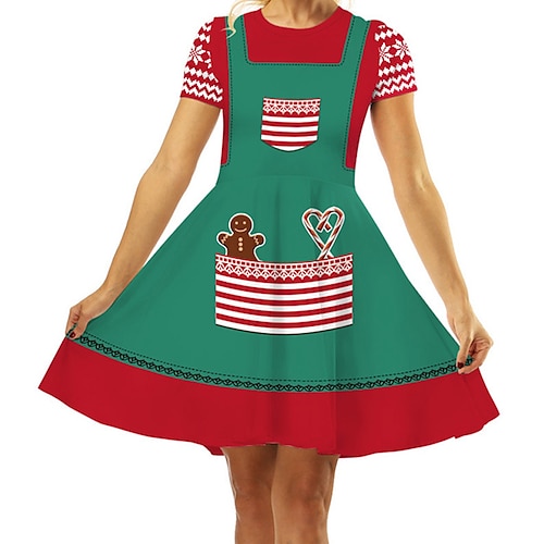 

Women's Swing Dress Mini Dress Green Short Sleeve Color Block Patchwork Winter Fall Autumn Crew Neck Christmas Daily Vacation 2022 S M L XL