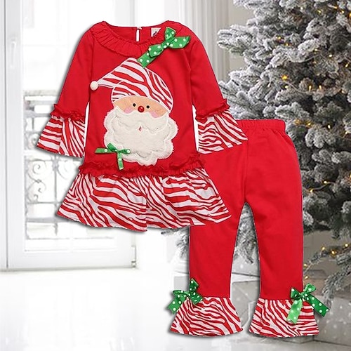 

2 Pieces Kids Girls' Ugly Christmas T-shirt & Pants Clothing Set Outfit Leopard Santa Claus Christmas Tree Long Sleeve Cotton Set Vacation Fashion Cool Winter Fall 2-6 Years Green Blue Wine