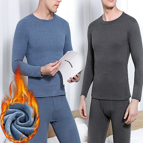 

Men's Thermal Underwear Sleepwear Thermal Set Pure Color Basic Fashion Comfort Home Spandex Warm Crew Neck Long Sleeve Pant Elastic Waist Winter Fall Black Blue