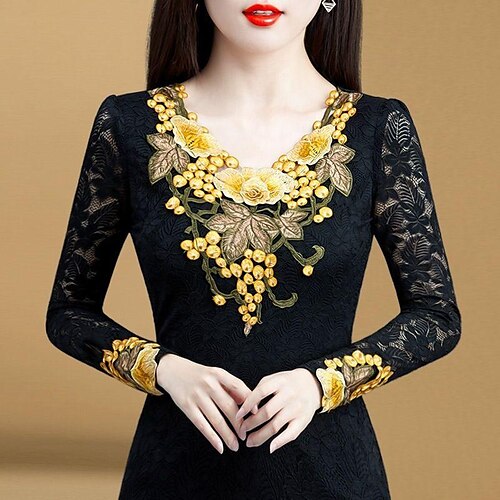 

Women's Shirt Purple lace plus velvet [sleeves plus velvet] Yellow lace plus velvet [sleeves plus velvet] Red lace plus velvet [sleeves plus velvet] Floral Lace Print Long Sleeve Casual Basic V Neck