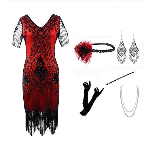 

The Great Gatsby Vintage Inspired The Great Gatsby Party Costume Masquerade Women's Sequins Tassel Fringe Costume Vintage Cosplay Party / Evening Dress Short Sleeve Dress Halloween