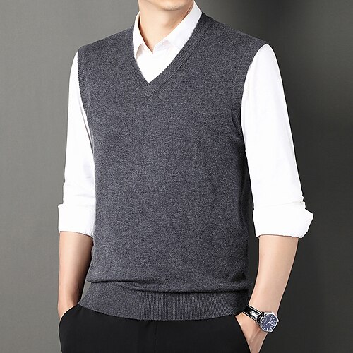 

Men's Sweater Sweater Vest Wool Sweater Pullover Sweater Jumper Ribbed Knit Knitted Solid Color V Neck Casual Keep Warm Work Daily Wear Clothing Apparel Sleeveless Spring & Fall Black Blue M L XL