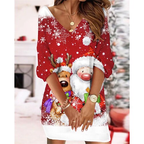 

Women's Christmas Sweatshirt Dress Shift Dress Sweat Dress Mini Dress Green Blue Pink 3/4 Length Sleeve Animal Print Winter Fall Autumn V Neck Fashion 2022 S M L XL XXL 3XL