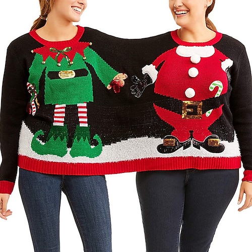 

Women's Couple's Ugly Christmas Sweater Pullover Sweater Jumper Knit Santa Claus Crew Neck Stylish Casual Christmas Holiday Winter Fall Black One-Size