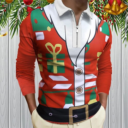 

Men's Collar Polo Shirt Golf Shirt Santa Claus Graphic Prints Ugly Christmas Turndown Red 3D Print Christmas Street Long Sleeve Zipper Print Clothing Apparel Fashion Designer Casual Soft