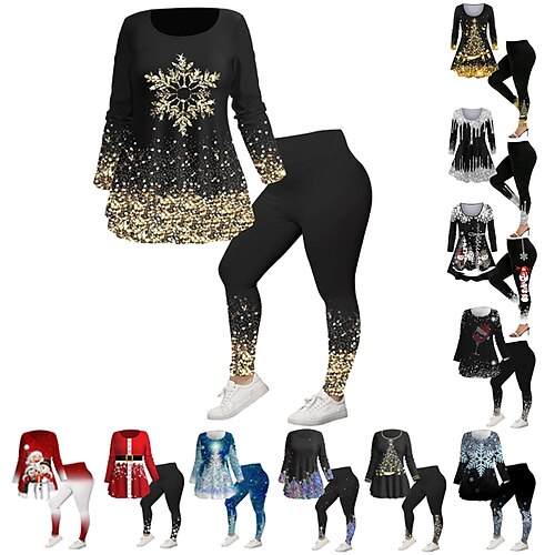 

Women's Plus Size Tops Christmas Set Color Gradient Snowflake Print 3/4 Length Sleeve Crew Neck Casual Festival Daily Polyester Winter Fall Black