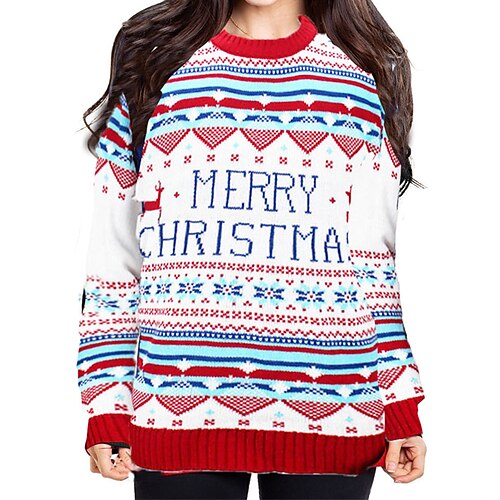 

Women's Ugly Christmas Sweater Pullover Sweater Jumper Ribbed Knit Knitted Letter Crew Neck Stylish Casual Outdoor Christmas Winter Fall Green Blue M L XL