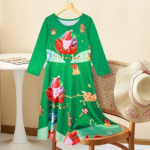 

Kids Girls' Ugly Christmas Dress Santa Claus A Line Dress Above Knee Dress Outdoor Cotton Long Sleeve Fashion Dress 3-7 Years Winter Green Purple