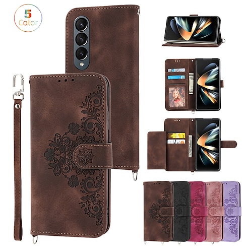 

Phone Case For Samsung Galaxy Wallet Card Flip Z Fold 4 Z Fold 3 with Wrist Strap Card Holder Slots Kickstand Solid Colored Flower PU Leather
