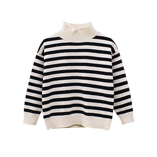 

Toddler Girls' Sweater Stripe School Long Sleeve Crewneck Active 3-7 Years Winter Khaki