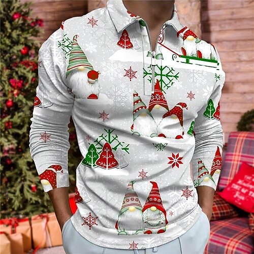 

Men's Collar Polo Shirt Golf Shirt Santa Claus Graphic Prints Snowflake Turndown Green Red 3D Print Christmas Street Long Sleeve Zipper Print Clothing Apparel Fashion Designer Casual Soft
