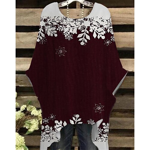 

Women's Plus Size Christmas Tops T shirt Tee Hat Snowflake Print Half Sleeve Crew Neck Casual Festival Daily Cotton Spandex Jersey Winter Fall Wine Navy Blue