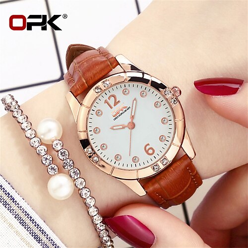 

OPK Brand Women Quartz Watch Analog Quartz Stylish Glitter Fashion Elegant Waterproof Diamond Large Dial Stainless Steel PU Leather Romantic Series Wrist Watch