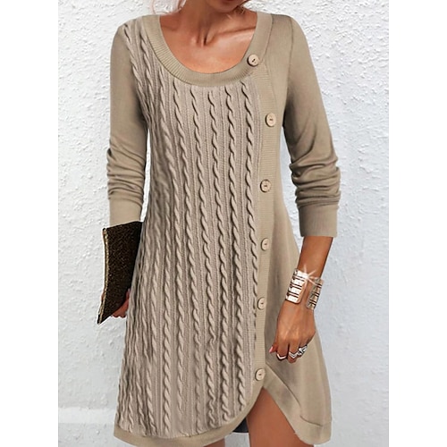 

Women's Sweater Dress Sheath Dress Knit Dress Mini Dress Brown 3/4 Length Sleeve Pure Color Button Winter Fall Spring U Neck Stylish Weekend 2022 S M L XL XXL 3XL