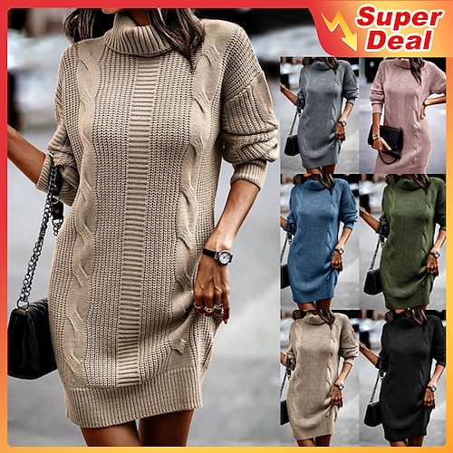 

Women's Sweater Dress Winter Dress Sheath Dress Blue Pink Army Green Khaki Dark Gray Black Long Sleeve Pure Color Knit Winter Fall Turtleneck Casual Mature Fit 2022 S M L XL Winter Dress