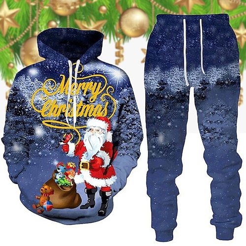 

Men's Tracksuit Hoodies Set Blue Hooded Graphic Santa Claus 2 Piece Print Christmas Sports Outdoor Casual 3D Print Basic Streetwear Designer Fall Spring Clothing Apparel Hoodies Sweatshirts