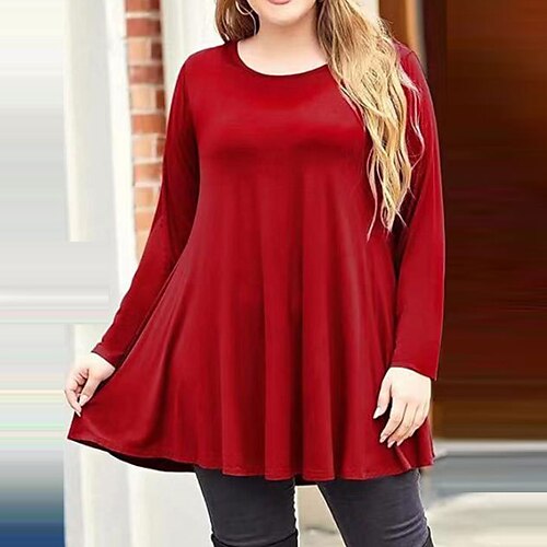 

Women's Plus Size Tops Blouse Plain Long Sleeve Round Neck Casual Daily Vacation Cotton Spandex Jersey Winter Fall Red