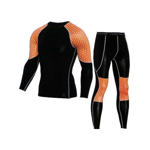 

Men's Activewear Set Compression Suit 2 Piece Athletic Long Sleeve Breathable Quick Dry Moisture Wicking Fitness Running Jogging Sportswear Activewear Color Block Green Orange