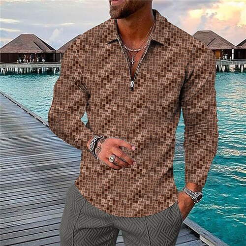 

Men's Polo Shirt Golf Shirt Graphic Prints Turndown Blue Brown 3D Print Outdoor Street Long Sleeve Zipper Print Clothing Apparel Fashion Designer Casual Soft
