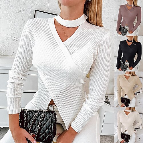

Women's Blouse Shirt Black Khaki Brown Plain Long Sleeve Casual Daily Basic V Neck Regular One-Size