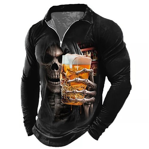 

Men's Polo Shirt Golf Shirt Skull Graphic Prints Turndown Black 3D Print Outdoor Street Long Sleeve Zipper Print Clothing Apparel Fashion Designer Casual Soft