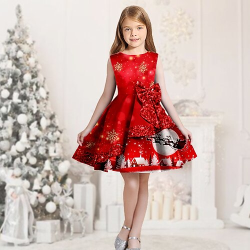 

Kids Girls' Christmas Dress Elk Swing Dress Knee-length Dress Christmas Gifts Ruffle Crew Neck Sleeveless Elegant Dress 2-13 Years Winter Wine