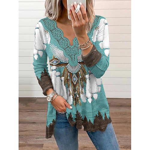 

Women's Blouse Shirt Green Blue Khaki Feather Lace Flowing tunic Long Sleeve Casual Daily Ethnic V Neck Regular S