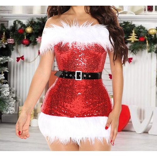 

Women's Christmas Party Dress Feather Dress Short Mini Dress Red Sleeveless Color Block Sequins Feather Cold Shoulder Fall Winter Off Shoulder Party Stylish Sexy 2022 S M L XL XXL