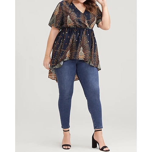

Women's Plus Size Tops Blouse Graphic Print Half Sleeve V Neck Fashion Modern Vacation Going out Polyester Winter Fall Navy Blue