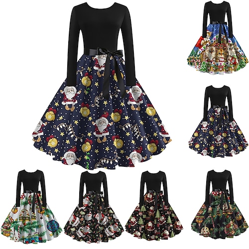 

Women's Christmas Swing Dress Skater Dress Midi Dress Green White Black Blue Yellow Red Long Sleeve Floral Print Pleated Bow Print Fall Winter Crew Neck Vintage Elegant 2022 S M L XL 2XL 3XL