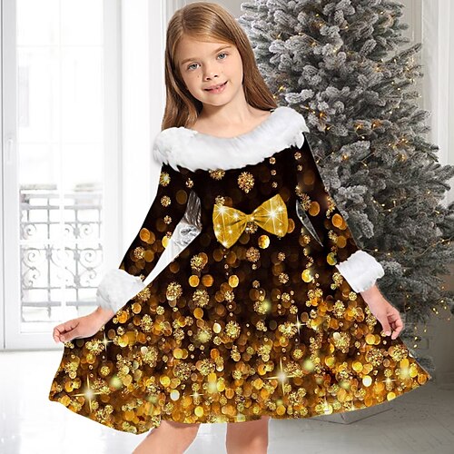 

Kids Girls' Christmas Dress Gradient Casual Dress Above Knee Dress Christmas Gifts Fur Trim Crew Neck Long Sleeve Adorable Dress 2-13 Years Winter Multicolor Green Black