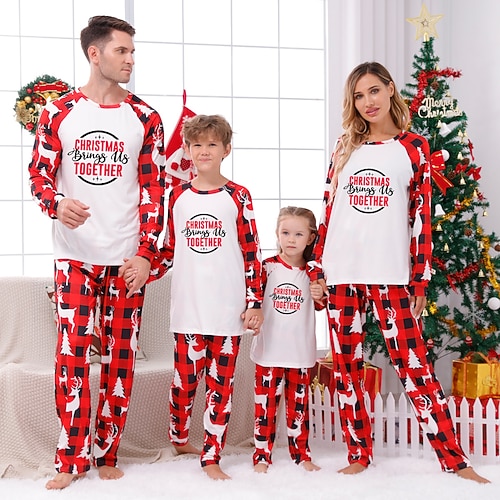 

Christmas Pajamas Family Letter Elk Christmas Tree Home White Long Sleeve Basic Matching Outfits