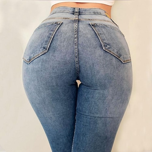 

Women's Jeans Denim Blue High Waist Streetwear Casual Going out Casual Daily Full Length Outdoor Solid Colored S M L XL 2XL