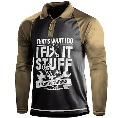 

Men's Collar Polo Shirt Golf Shirt Letter Graphic Prints Turndown Khaki Gray 3D Print Outdoor Street Long Sleeve Button-Down Print Clothing Apparel Fashion Casual Soft Breathable