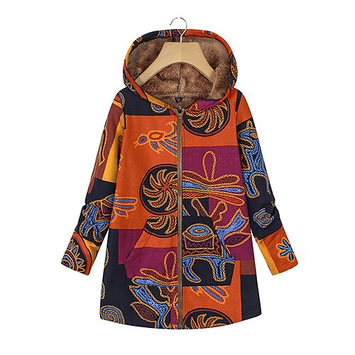 

Women's Plus Size Hoodie Coat Parka Pocket Zip Up Floral Color Block Outdoor Causal Long Sleeve Hooded Regular Winter Fall Orange Red XL XXL 3XL 4XL 5XL