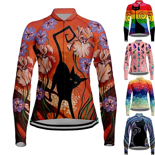 

Women's Cycling Jersey Long Sleeve Bike Jersey Top with 3 Rear Pockets Mountain Bike MTB Road Bike Cycling Breathable Quick Dry Moisture Wicking Reflective Strips Purple Yellow Rosy Pink Cat Floral