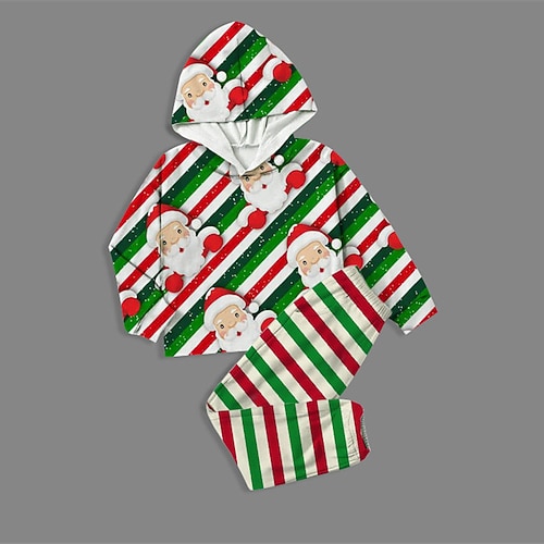 

2 Pieces Toddler Boys Ugly Christmas Hoodie & Pants Outfit Santa Claus Stripe Long Sleeve Pocket Set Casual Cute Daily Winter Fall 7-13 Years Green
