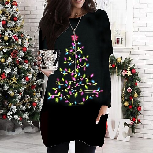 

Women's Christmas Casual Dress T Shirt Dress Tee Dress Mini Dress Black Long Sleeve Tree Pocket Print Winter Fall Crew Neck Vacation Casual 2022 S M L XL XXL 3XL