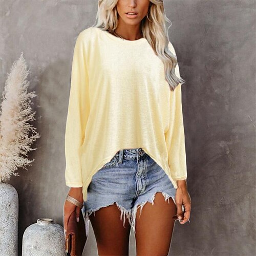 

Chemise Chemisier Femme Noir Blanche Jaune Plein manche longue Casual basique Col Rond Normal Standard Manche Chauve-souris S