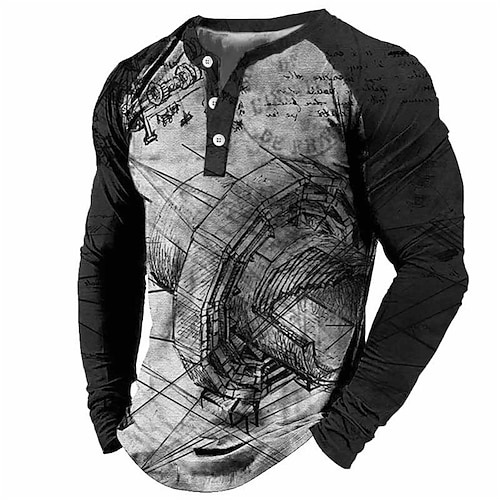 

Men's Henley Shirt T shirt Tee Tee Graphic Machine Henley Blue Dark Gray Brown 3D Print Outdoor Daily Long Sleeve Patchwork Button-Down Clothing Apparel Basic Designer Casual Classic