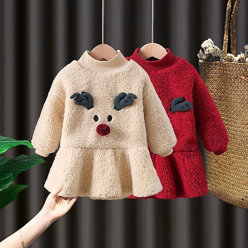 

Kids Girls' Ugly Christmas Dress Solid Color A Line Dress Above Knee Dress Outdoor Cotton Long Sleeve Active Dress 3-7 Years Winter Red Beige