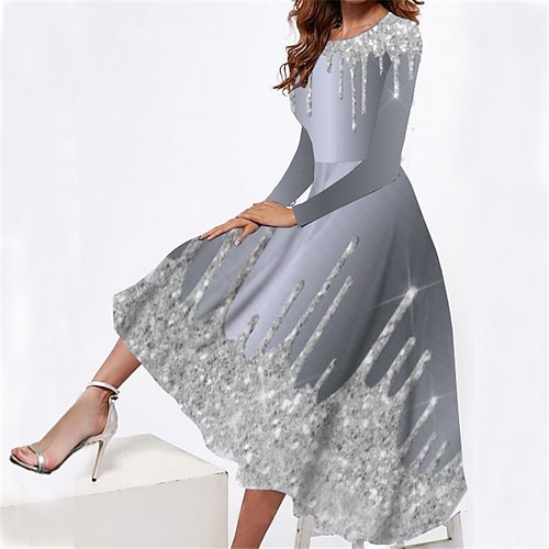 

Women's Casual Dress Swing Dress Midi Dress Silver Long Sleeve Stars and Stripes Pocket Winter Fall Spring Crew Neck Fashion Daily Weekend 2022 S M L XL XXL 3XL