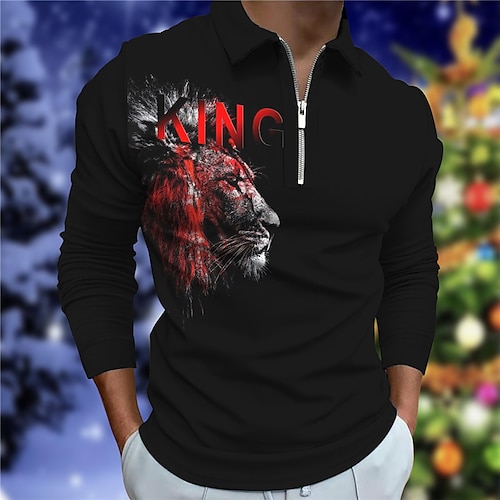 

Men's Collar Polo Shirt Golf Shirt Animal Lion Graphic Prints King Turndown Gold Red 3D Print Outdoor Street Long Sleeve Zipper Print Clothing Apparel Fashion Designer Casual Soft