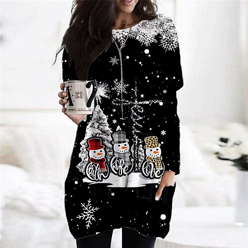 

Women's Christmas Casual Dress T Shirt Dress Tee Dress Mini Dress Black Long Sleeve Snowman Snowflake Pocket Print Winter Fall Crew Neck Vacation Casual 2022 S M L XL XXL 3XL