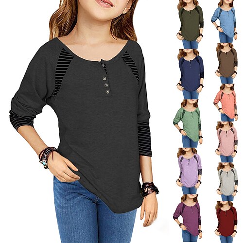 

Toddler Girls' T shirt Solid Color Casual Long Sleeve Active 7-13 Years Winter Multicolor Green Blue