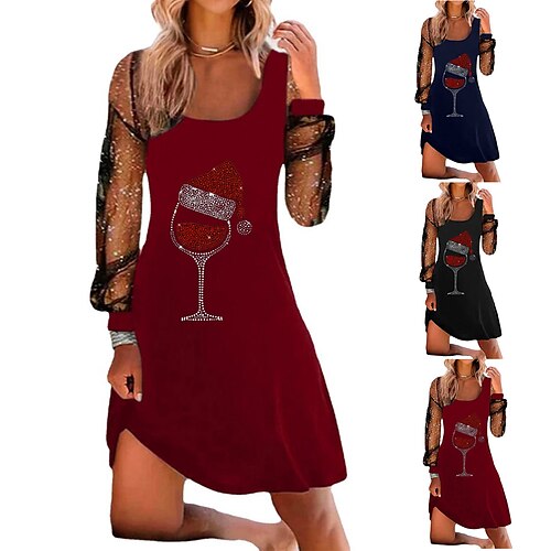 

Women's Casual Dress T Shirt Dress Tee Dress Mini Dress Black Wine Dark Blue Long Sleeve Christmas hat Mesh Winter Fall Spring Square Neck Fashion Christmas Daily 2022 S M L XL XXL 3XL