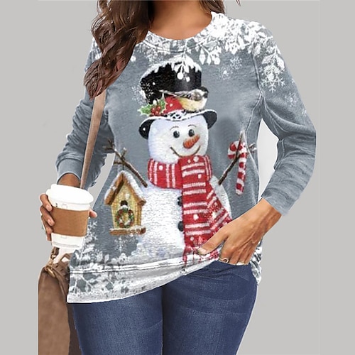 

Women's Plus Size Christmas Tops Pullover Sweatshirt Plaid Snowman Print Long Sleeve Casual Daily Microfiber Winter Fall Blue Red